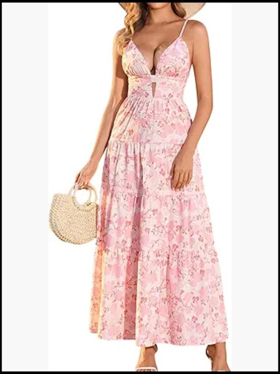 Dresses & Skirts - Polyester Blend Maxi Dress with Spaghetti Straps V-Neck Backless Cutout